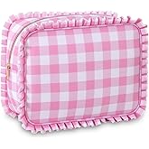EMBRUNIOICE Gingham Ruffle Makeup Bag,Large Travel Cute Cosmetic Bag for Women Girls,Toiletry Bag Make up Organizer 10.8 x 4.5 x 8 inch (Pink Gingham)