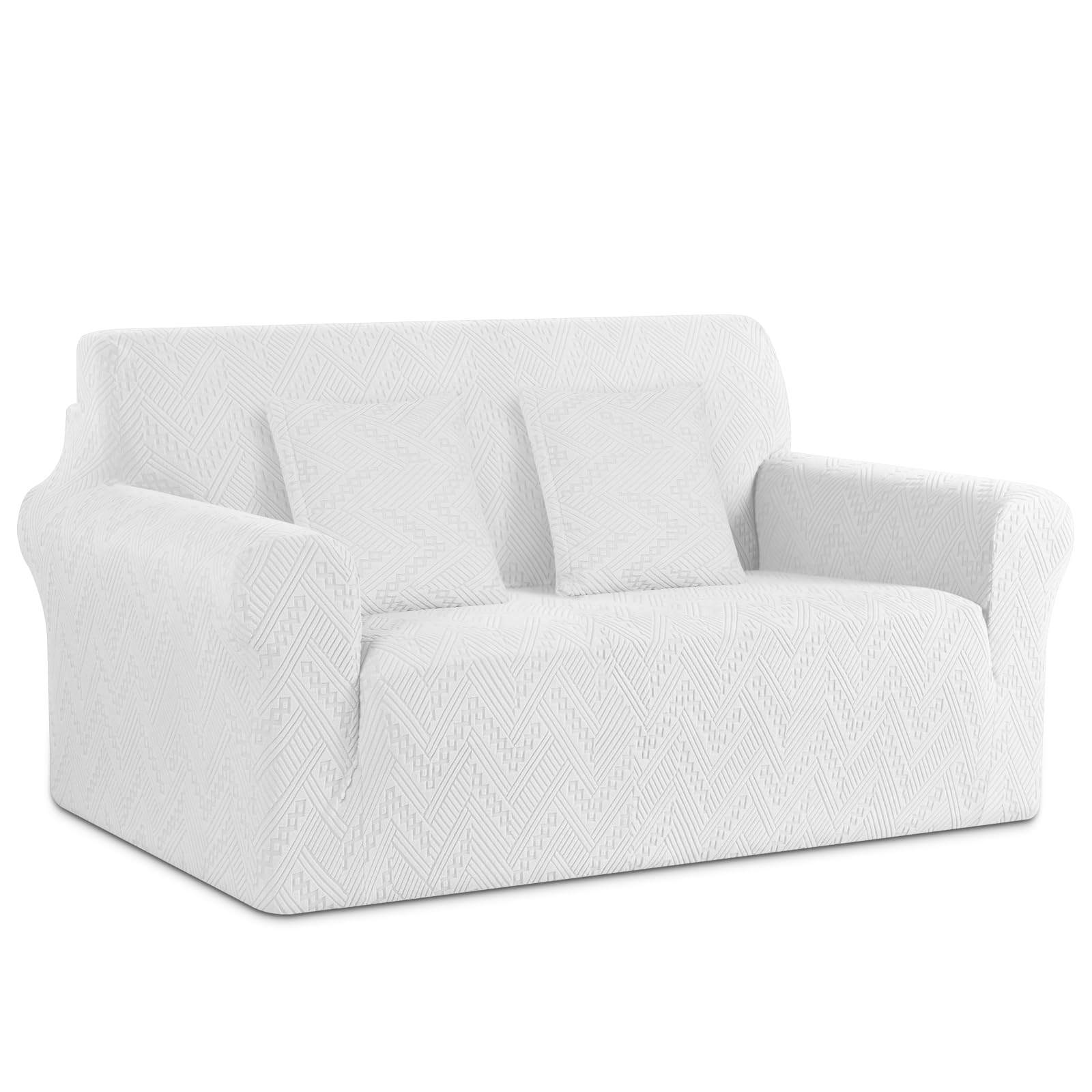 Photo 1 of Ruaozz Stretch Loveseat Sofa Cover 1 Piece Couch Covers for 2 Cushion Couch Non Slip Loveseat Slipcover Soft Jacquard Furniture Protector with 2 pcs Throw Pillow Covers (2 Seater, Ivory)