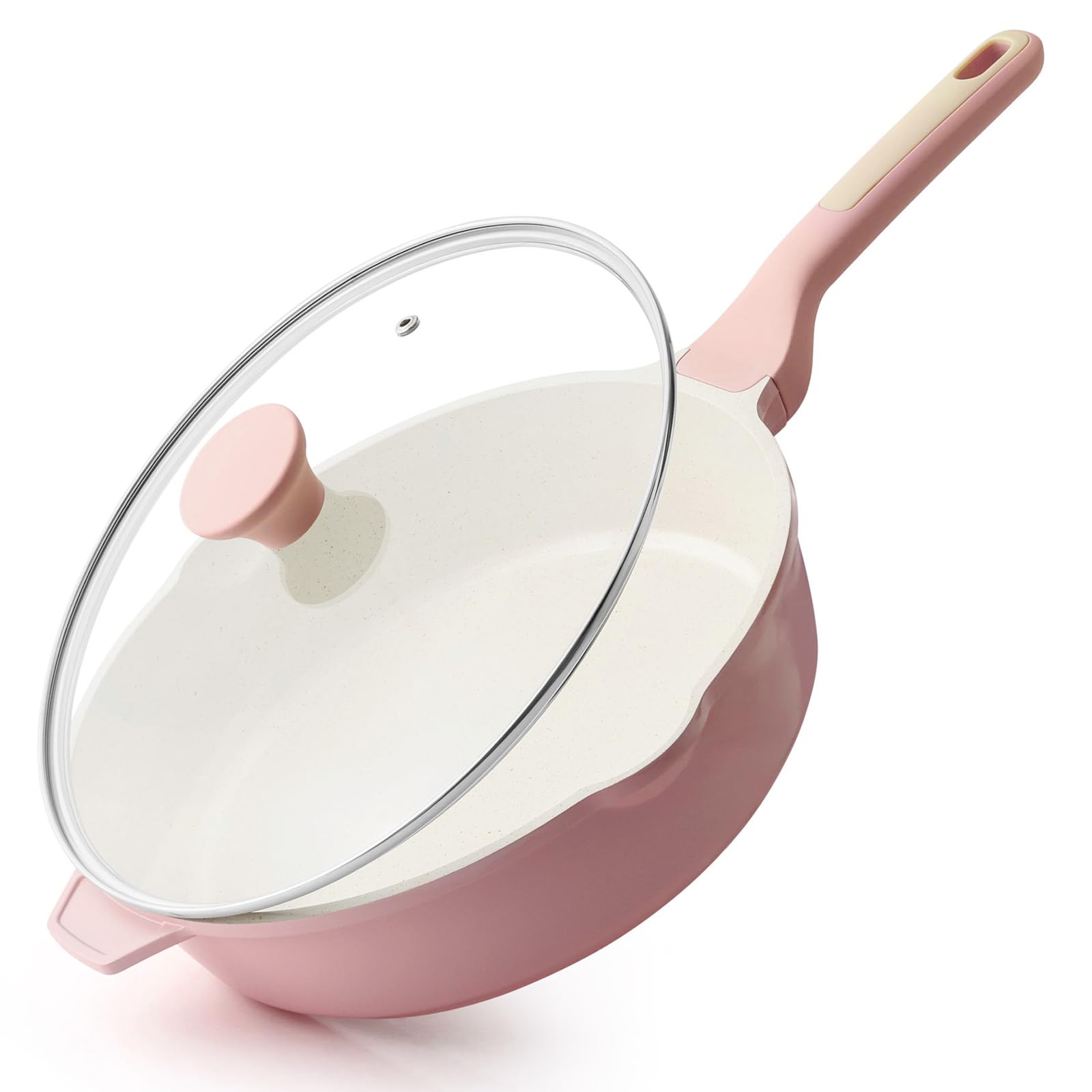 SENSARTE Nonstick Ceramic Skillet with Lid 11-inch, 4.5QT Non Toxic Deep Frying Pan, Saute Pan with Lid, Stay-cool Handle, Healthy Cooking Pot, Induction Compatible, Pink Image