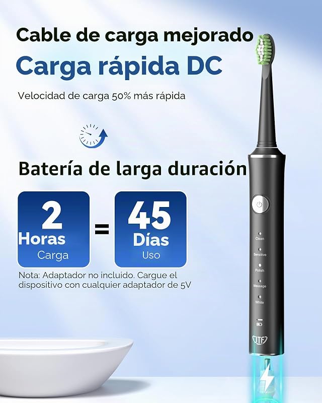 Cepillo de Dientes Eléctrico Sónico – Limpieza Profunda para Encías Sensibles, 5 Modos, 45 Días de Batería, 8 Cabezales, IPX7 Impermeable, Temporizador Inteligente, Ideal para Viajes (Negro)