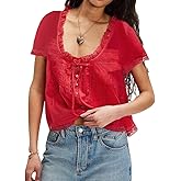 Naileksi Women Boho Button Down Lace Trim Crop Tee Top Short Sleeve Scoop Neck Ruffle Semi Sheer Flowy Tie Front T Shirt