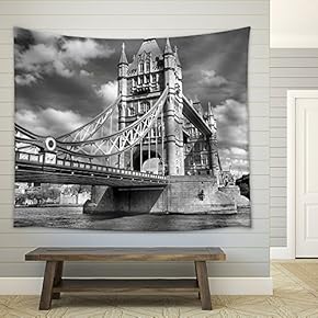 Tower Bridge on River Thames, London, UK - High Dynamic Range HDR - Black and White - Fabric Wall Tapestry Home Decor - 51x60 inches