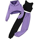 Hilinker Girls Graphic 3 Piece Outfits Workout Crop Hoodie Ribbed Tank and Sweatpants Set