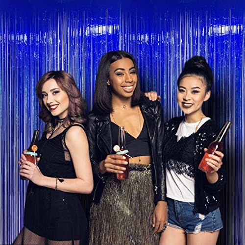 Metallic Blue Fringe Curtain Backdrop - 2 Pack (3.3ft x 8 ft) Metallic Tinsel Curtain Hanging Blue Backdrops For a Party, Birthday, Weddings, Bachelorette Decorations