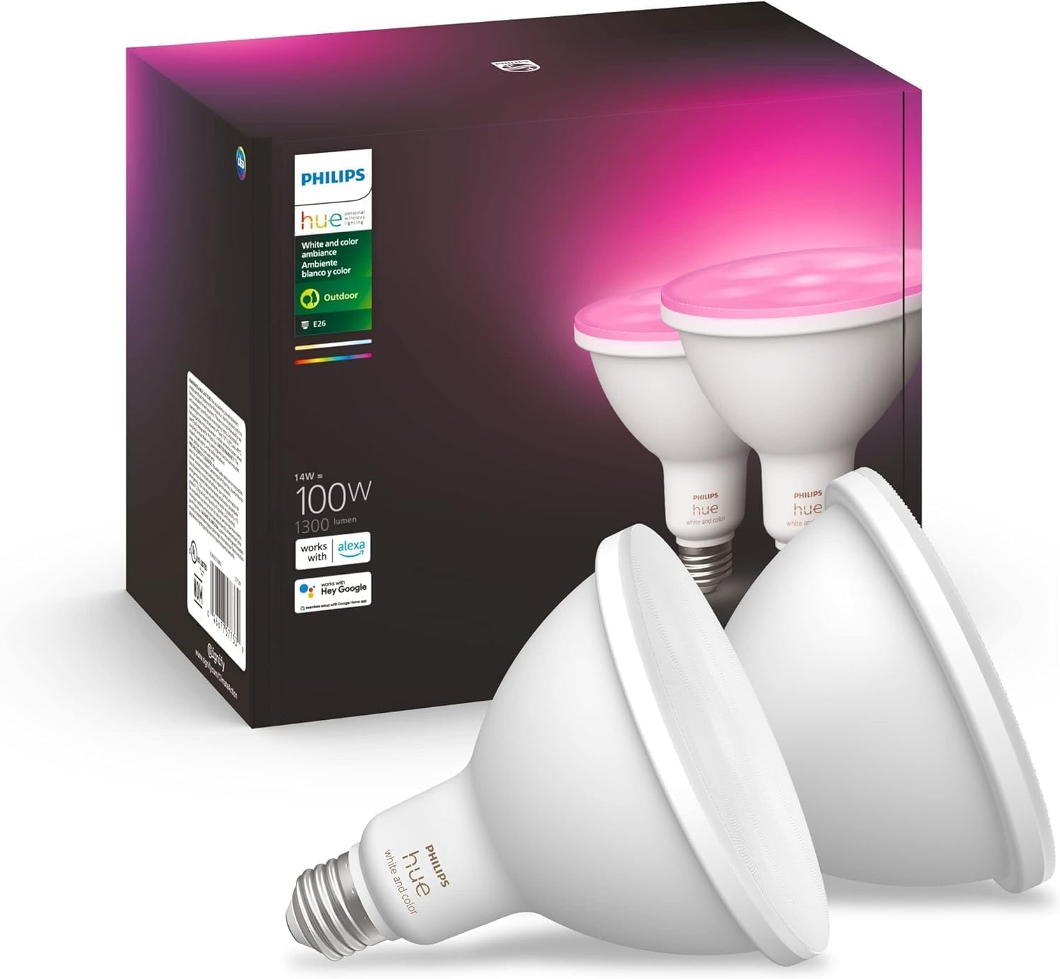 Photo 1 of PHILIPS Hue Smart 100W PAR38 LED Bulb, 2 Pack, White & Color Ambiance Color-Changing Light, 1300LM, E26, Outdoor Light Bulbs, Control with Hue App, Works with Alexa, Google Assistant and Apple Homekit