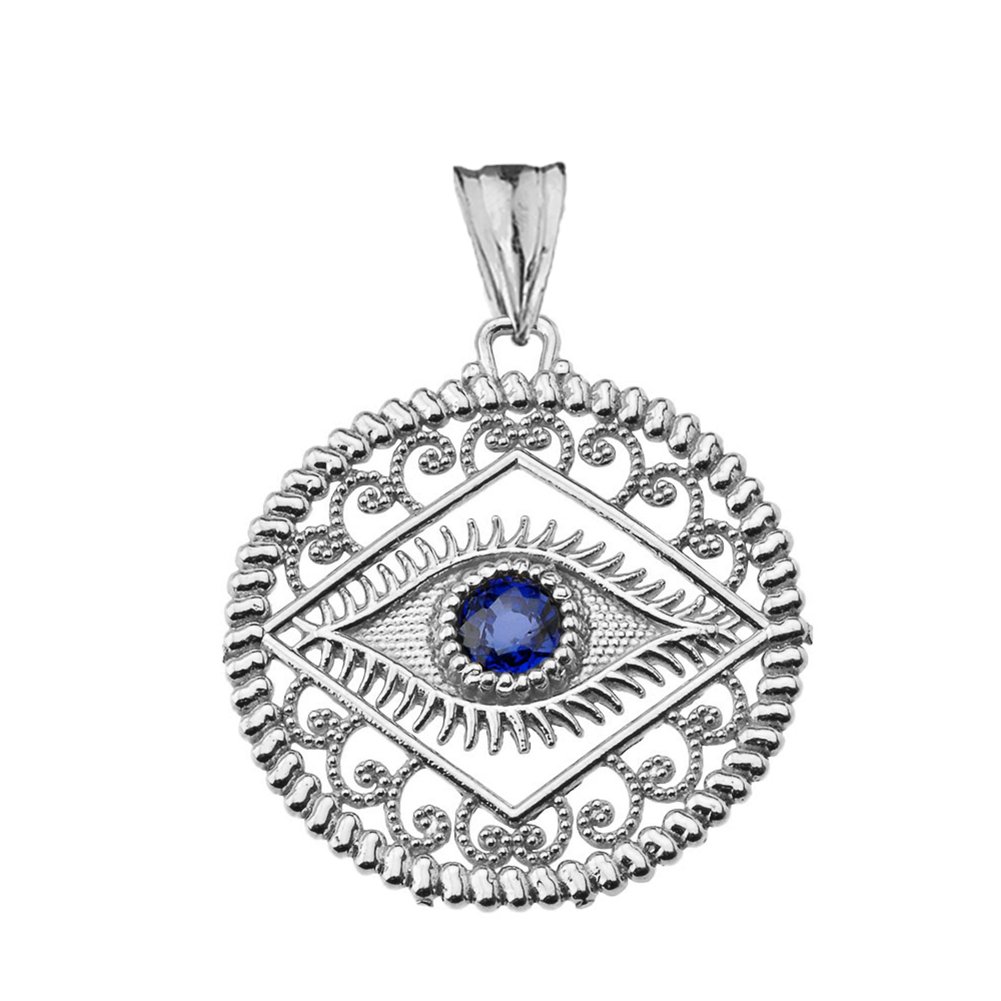 Exquisite 10k White Gold Evil Eye Filigree Charm Pendant with Blue Center Stone