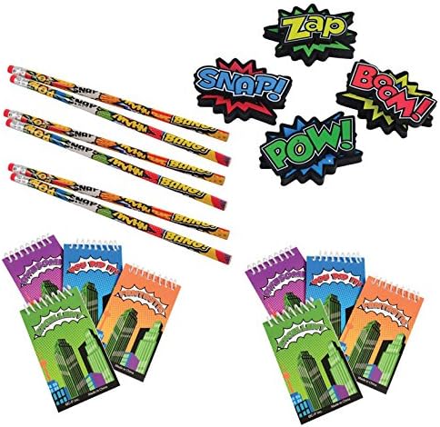 TwiceBooked Superhero Complete Writing Bundle - 12 Super Hero Notebooks, 12 Pencils &amp; 12 Erasers
