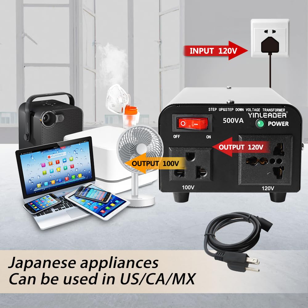 Yinleader 500W US to Japan Voltage Converter 120V to 100V Step Down Transformer for Japanese Appliances (Turntable/Player/Amplifier/yogurtia/Consoles/Synthesizers, etc.) in US