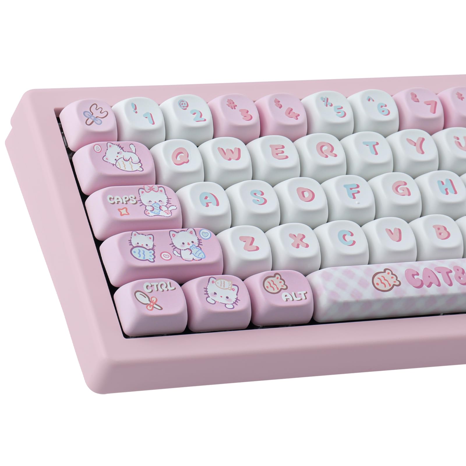Sunzit Cute Custom Keycaps 141 Keys PBT Keycap Set,MOA Profile keycaps Dye-Sub Pink Cat Eat Fish Keycaps for Cherry MX Switches ISO/ANSI UK Layout Mechanical Gaming Keyboard