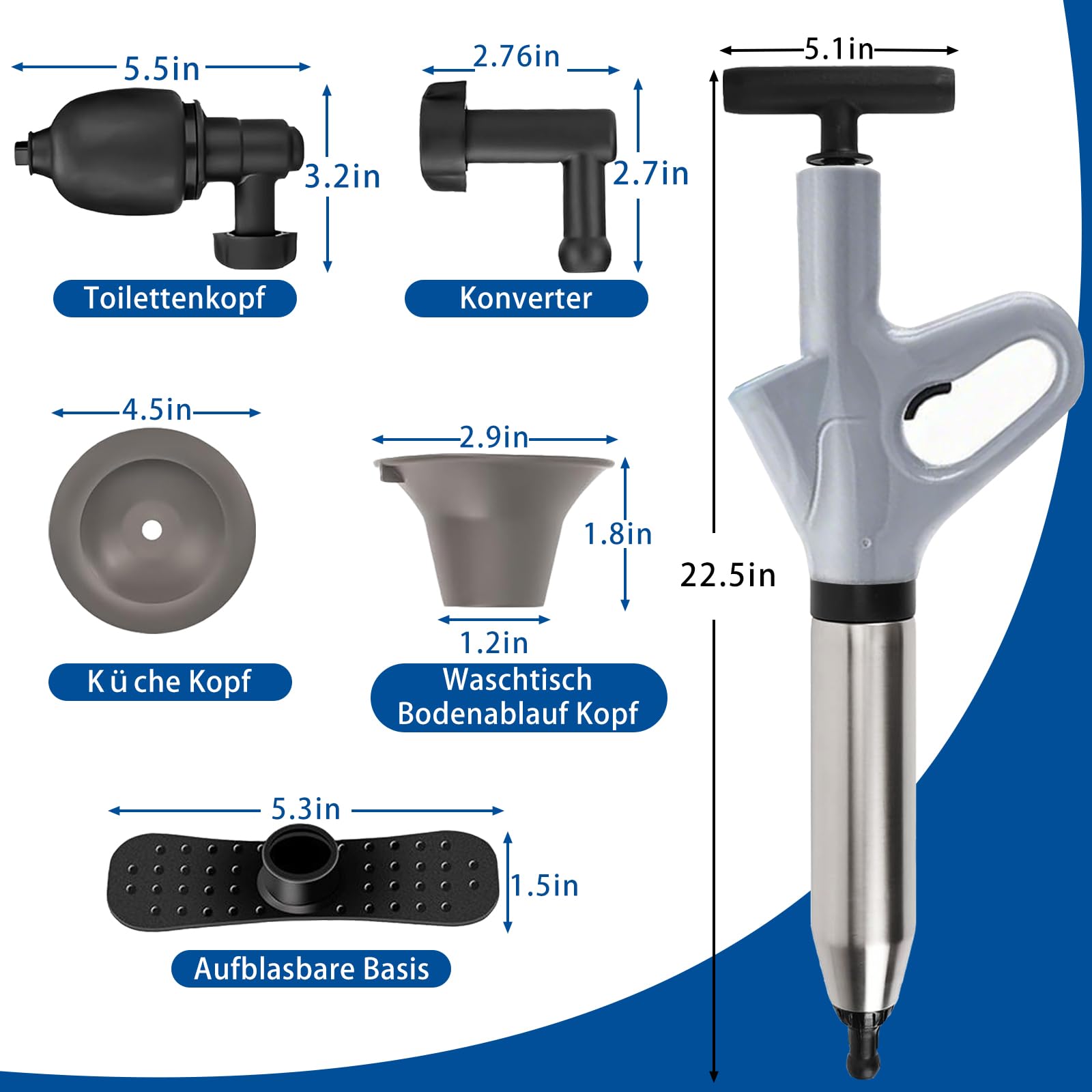 Rohrreiniger, Abflussreinigungspumpe mit Luftkompression und Luftdruckanzeige, Druckluft-Rohrreiniger mit 4 Saugnäpfen für Waschbecken, Toiletten, Bäder, Duschen und Küchen (grau) 2