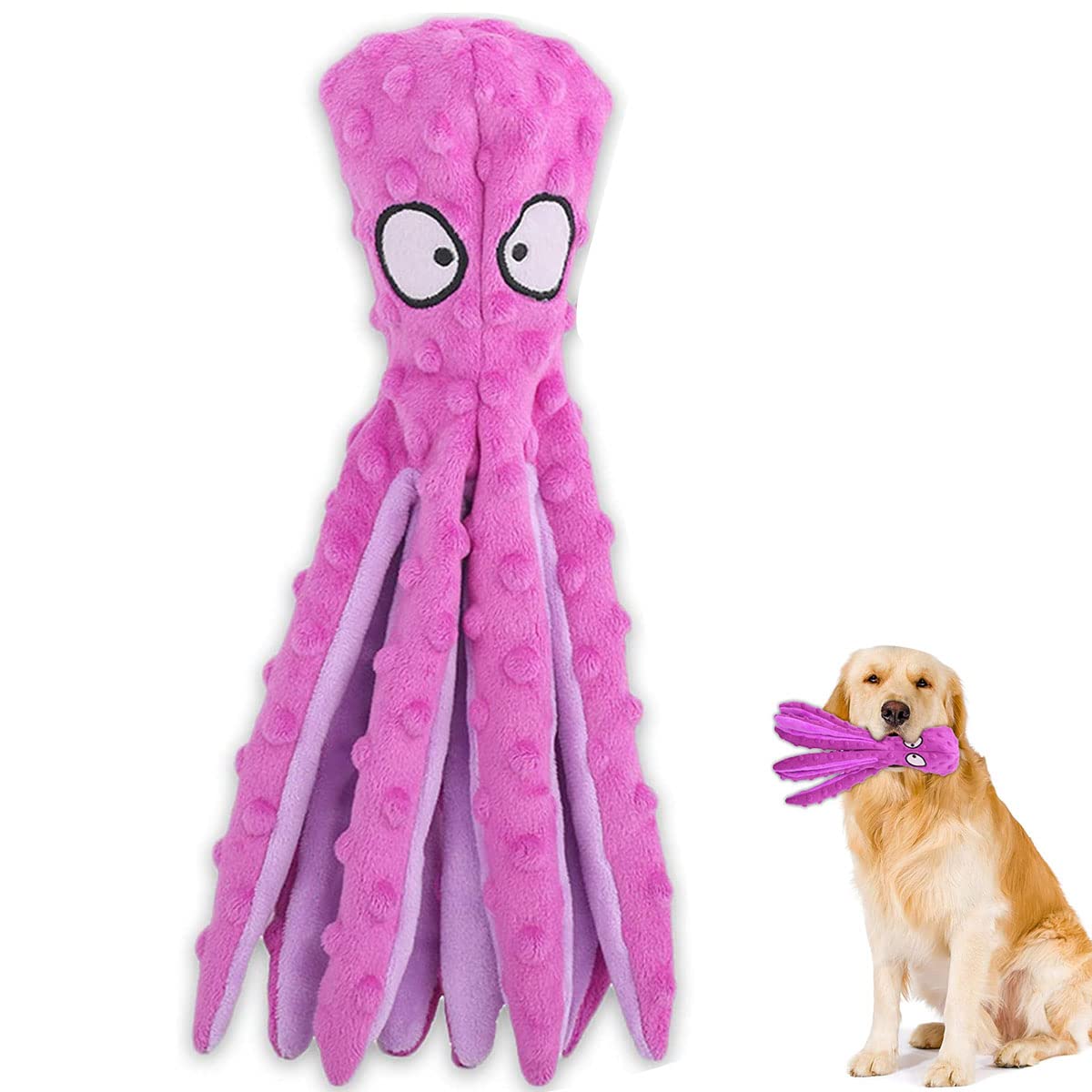 SHOKAN Squeaky Dog Toys, No Stuffing Octopus Dog Chew Toys, Durable Purple Plush Interactive Dog Toys for Teeth Clean