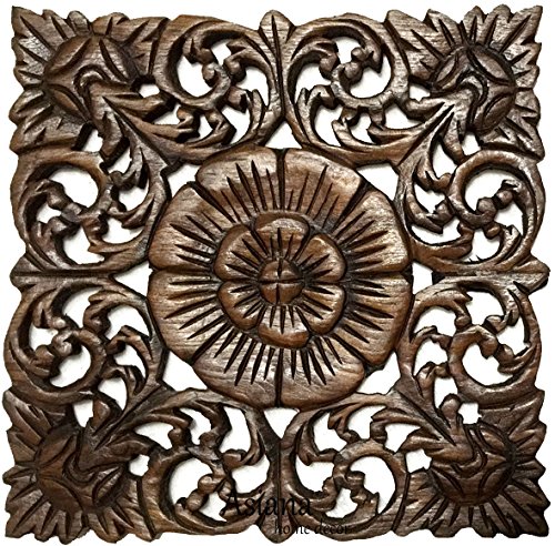 Set of 3 Carved Wood Wall Plaques. Floral Wood Wall Hanging. Rustic Wood Wall Decor. Brown. Size 12" Square