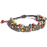 Zlanderah Handmade Multi Color Ceramic Beaded Bracelet with Copper Flower Design, Adjustable Boho Strand Bracelet for Women