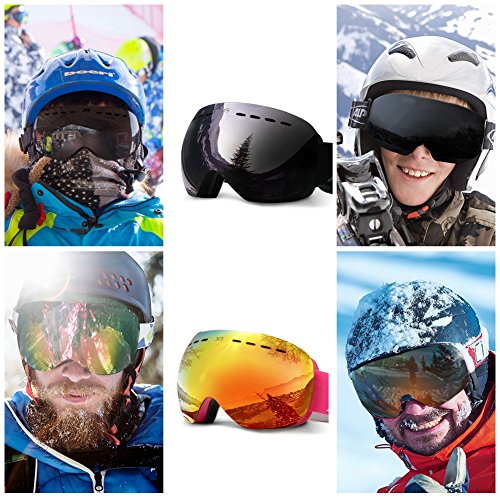 Ski Goggles, OTG Snowboard Goggles 100% UV Protection, Snow Goggles Anti-fog, Helmet Compatible, Interchangeable Lens for Men Women Skiing Snowmobile Skating