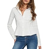 Women Y2k Button Down Shirt Vintage Long Sleeve Cute E-Girls V Neck Slim Fit Crop Top Fairy 90S Coquette Blouse