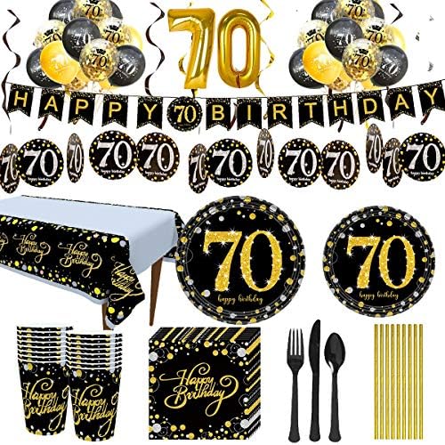 Trgowaul 70th Birthday Party Supplies Black and Gold Disposable Paper
