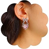 Xduargs Boho Crystal Heart Earrings Pink Heart Dangle Earrings Vintage CZ Bow Stud Earrings Personalized Bowtie Heart Drop Earrings Jewelry for Women