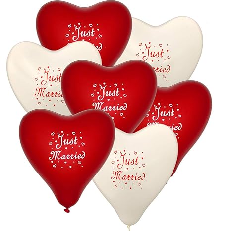 10 Herz Luftballons Ø 30 cm mit Motiv Just Married Farbe frei wählbar Herzballons Helium Luftballon (Rot/Weiß)