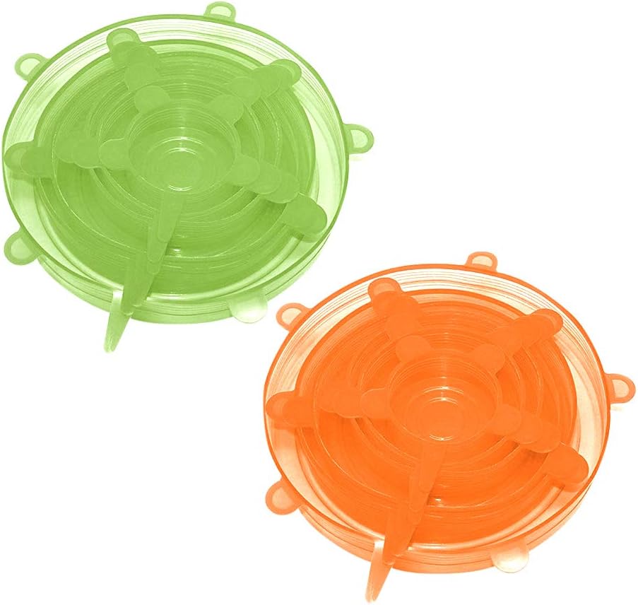 AOSMAN 12pcs Silicone Stretch Lids, Reusable Durable Food Storage Covers for Different Bowls, Fit Different Sizes Shapes of Container, Dishwasher Freezer Safe,Green/Orange