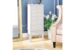 Alveare Home Helena Standing Jewelry Armoire – Elegant Storage with 6 Drawers, Jewel Knobs, Mirror, Ring Rolls, Necklace Hooks & Cord Management – White Finish