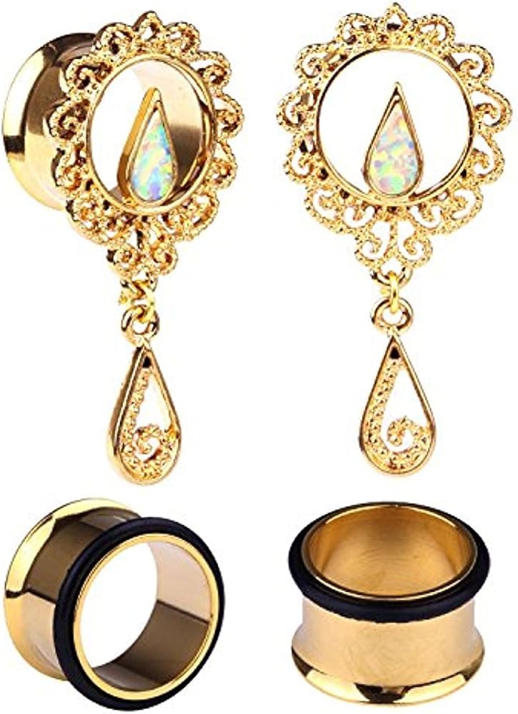 BodyJ4You 4PC Single Flared CreatedOpal Filigree Tunnels Ear Gauge