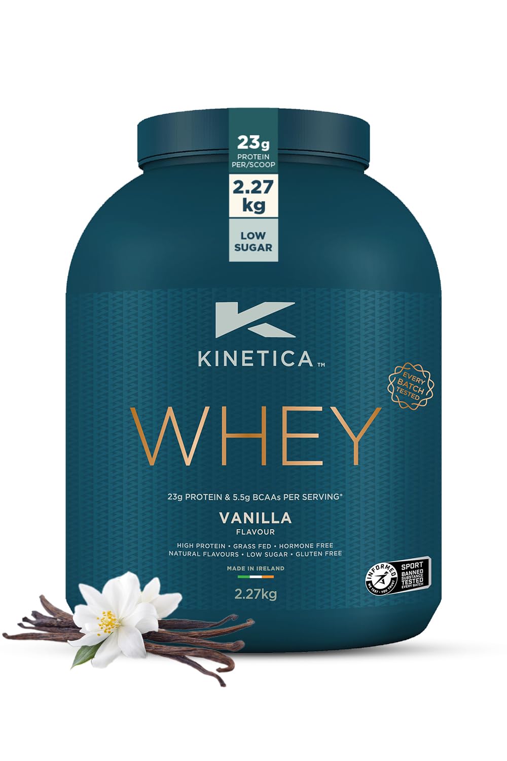 Kinetica Sports Whey Protein Powder - Vanilla, 2.27 Kg, 76 Servings | 23g Protein, 5.5g BCAA Amino Acid & 4.32g Glutamine | Recovery Shake for Optimum Nutrition | WADA & Informed Sport Approved