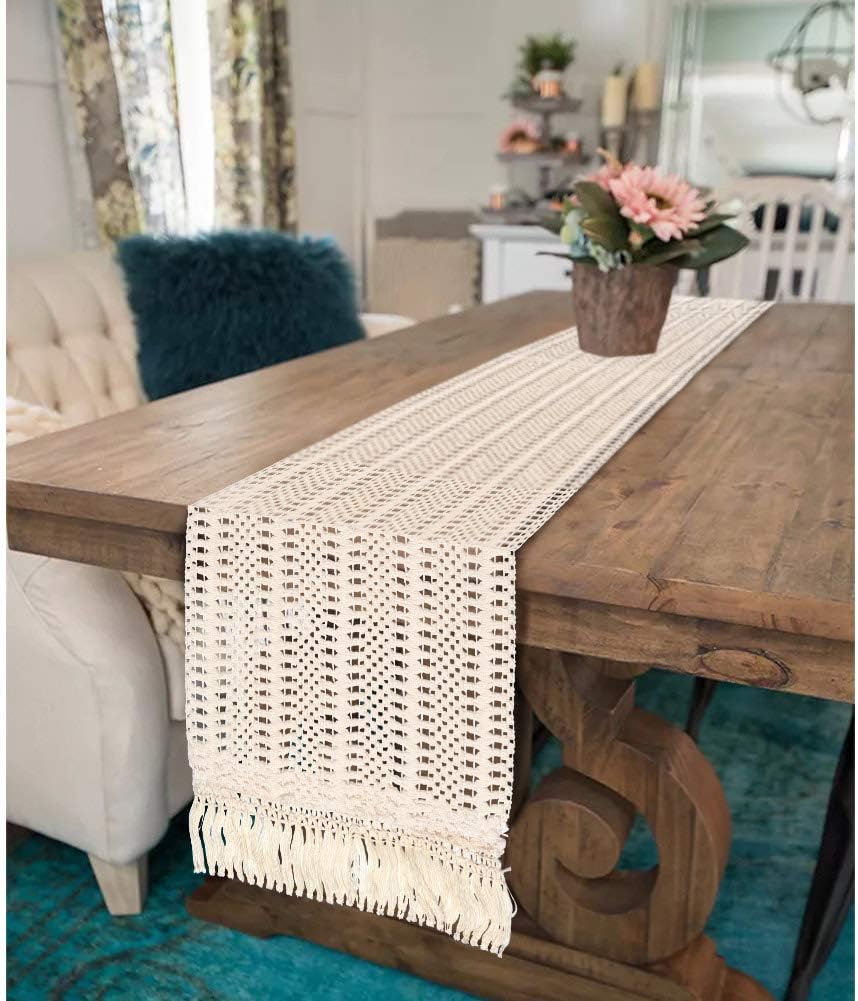 OurWarm Natural Macrame Table Runner Cotton Crochet Lace Boho Wedding Table Runner with Tassels for Bohemian Rustic Wedding Bridal Shower Home Dining Table Decor, 12 x 108 Inch: Home & Kitchen