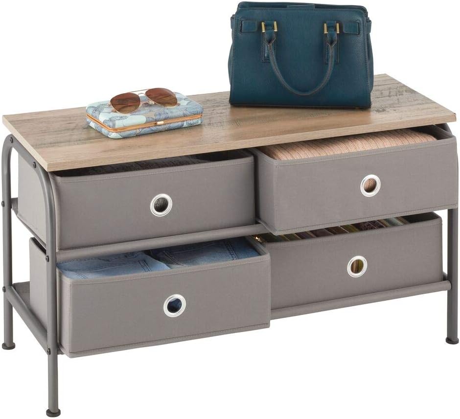 mDesign Storage Bench with 4 Drawers - Sturdy Steel Frame, Wood Top, Easy Pull Fabric Bins - Organizer Unit for Bedroom, Hallway, Entryway, Closets - Dark Gray/Gray: Home & Kitchen