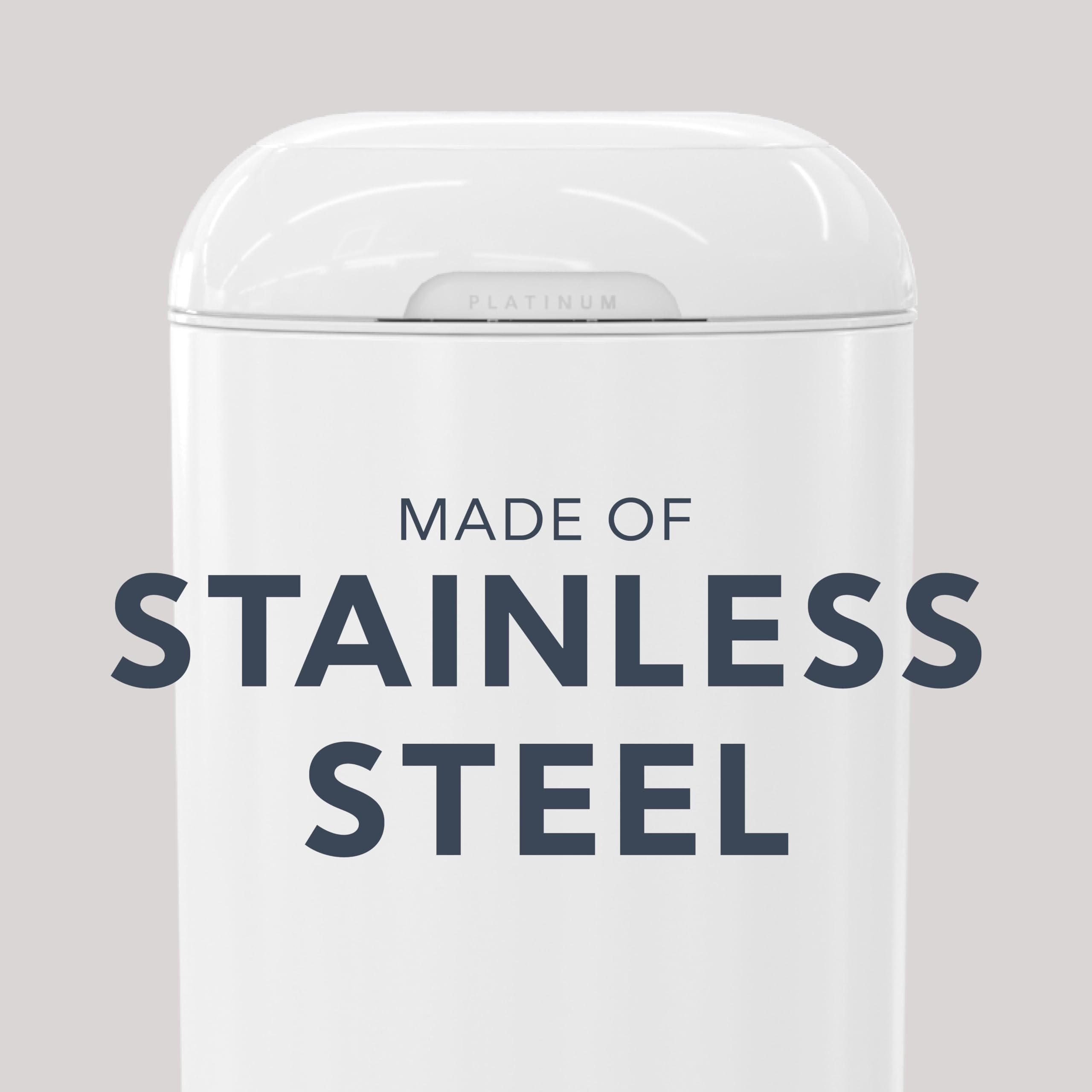 Diaper Genie Platinum Pail (Lilly White) is Made of Durable Stainless Steel and Includes 1 Easy Roll Refill with 18 Bags That can Last up to 5 Months.