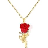 BYETOCE Red Rose Pendant Necklace Dainty Blossom Rose with Cubic Zirconia Charm Choker 3D Floral Pendant Gold Jewelry for Women Anniversary Valentines Day Birthday Jewelry Gifts
