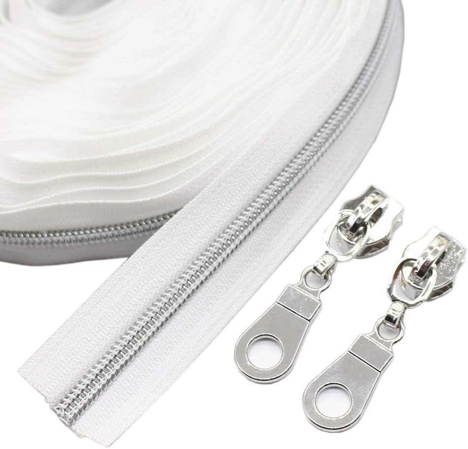 YaHoGa #5 Silver Metallic Nylon Coil Zippers by The Yard Bulk White 10 Yards with 25pcs Sliders for DIY Sewing Tailor Craft Bag (Silver White)