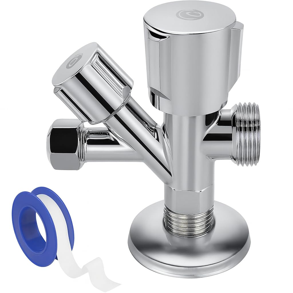 PipeSan Combined Angle Valve 1/2" – 3/8" – 3/4" in Chrome-Plated Brass – Includes PTFE Tape – for Washing Machine, Dishwasher & Tap – with Decorative Cover Plate