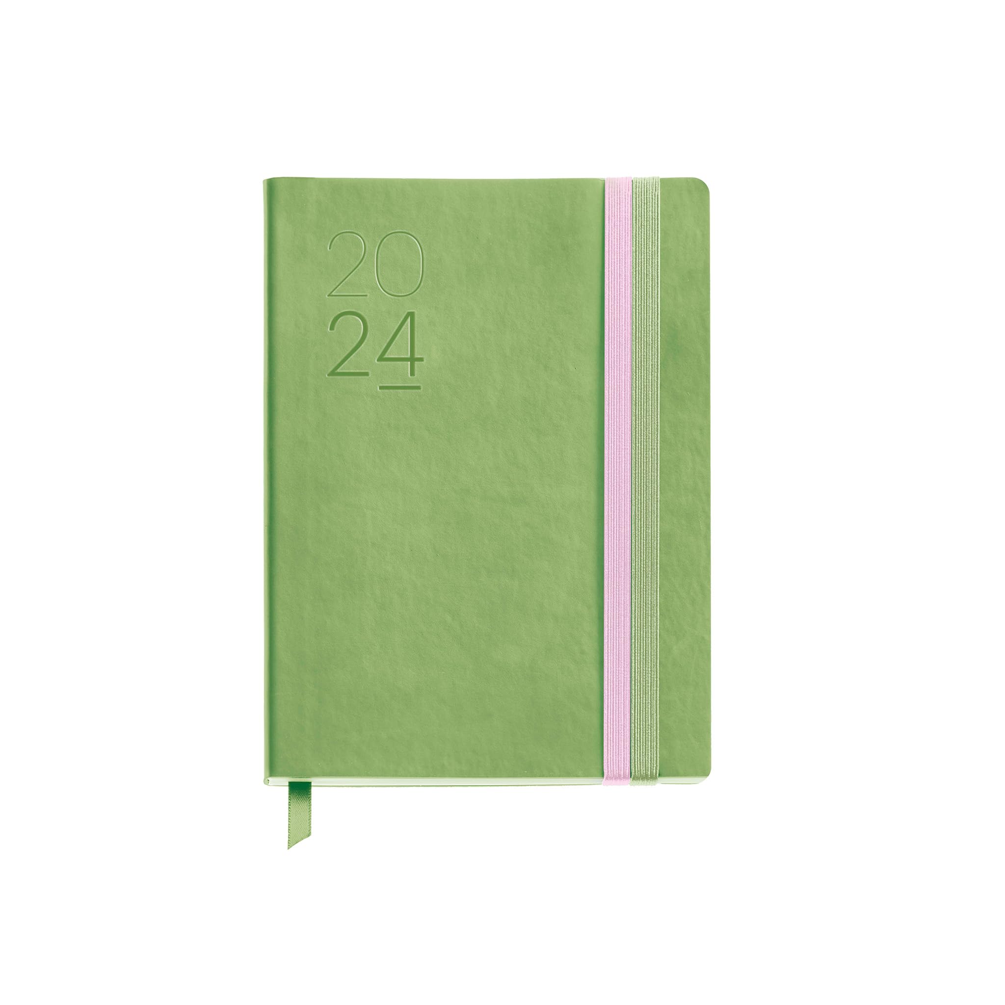 Miquelrius - 2024 Yearly Diary, Week View, Journal Size 122 x 168 mm, Flexible Cover with Stitched Leather, Double Elastic Band, Spanish, English and Portuguese, Green