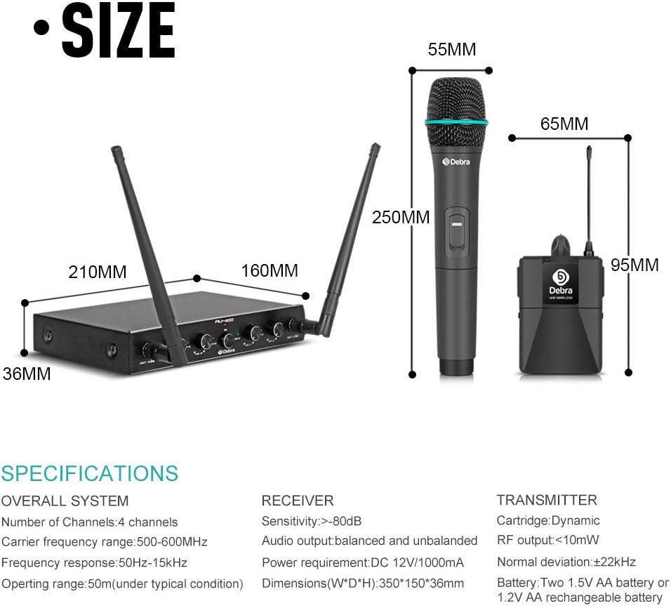 Debra Audio Pro UHF 4 Channel Wireless Microphone System with Cordless Handheld Lavalier Headset Mics, Metal Receiver, Ideal for Karaoke Church Party (with 2 Handheld & 2 Bodypack (A)): Home Audio & Theater
