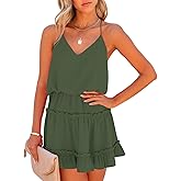Newffr Womens V Neck Summer Mini Dress Sleeveless Ruffle Spaghetti Strap Racerback Flowy Beach Vacation Sundresses