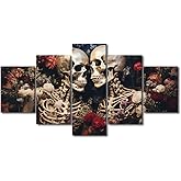 Framed Wall Art 5 Panel Skeleton Corpse of Couple Lover with Flower Grow on theme Forever Love Picture Poster for Living Room, Wooden Framed Gallery-Wrapped Ready to Hang, 60