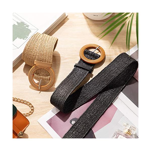 Cinturón elástico trenzado de paja con hebilla de estilo madera para mujer, 2 unidades | DeHippies.com