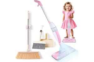 Lullulii Kids Spray Mop,Toddler Mop Cleaning Set, Real Working Mini Mop & Kids Broom Dustpan Set, Housekeeping Pretend Play Toy, Montessori Kid Cleaning Toy Set Includes Organizer Clip -Pink