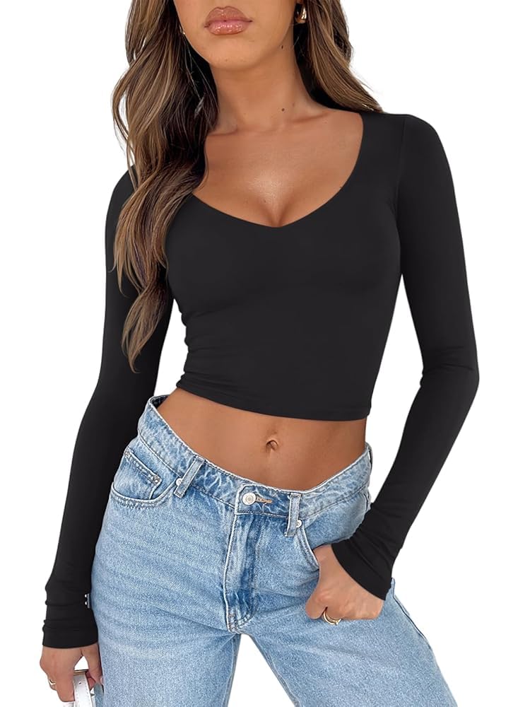 Photo 1 of REORIA Women's V Neck Long Sleeve Slim Fitted Crop Tops Soft Layering Basic Shirt 2024 Fall Going Out Top Black
