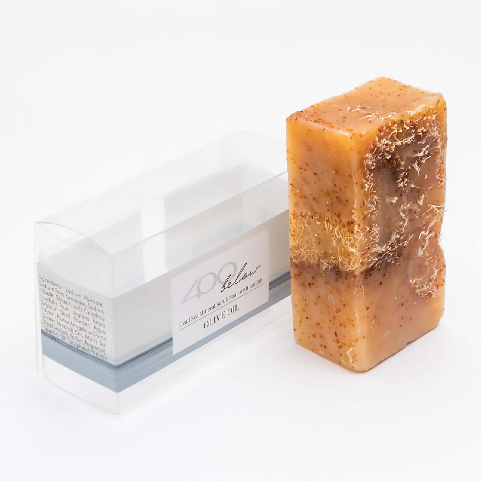 400Below - Dead Sea Mineral Exfoliating Body Soap Bar with Olive Oil, Naturally Regenerating with Vegan Loofah Sponge, 200g
