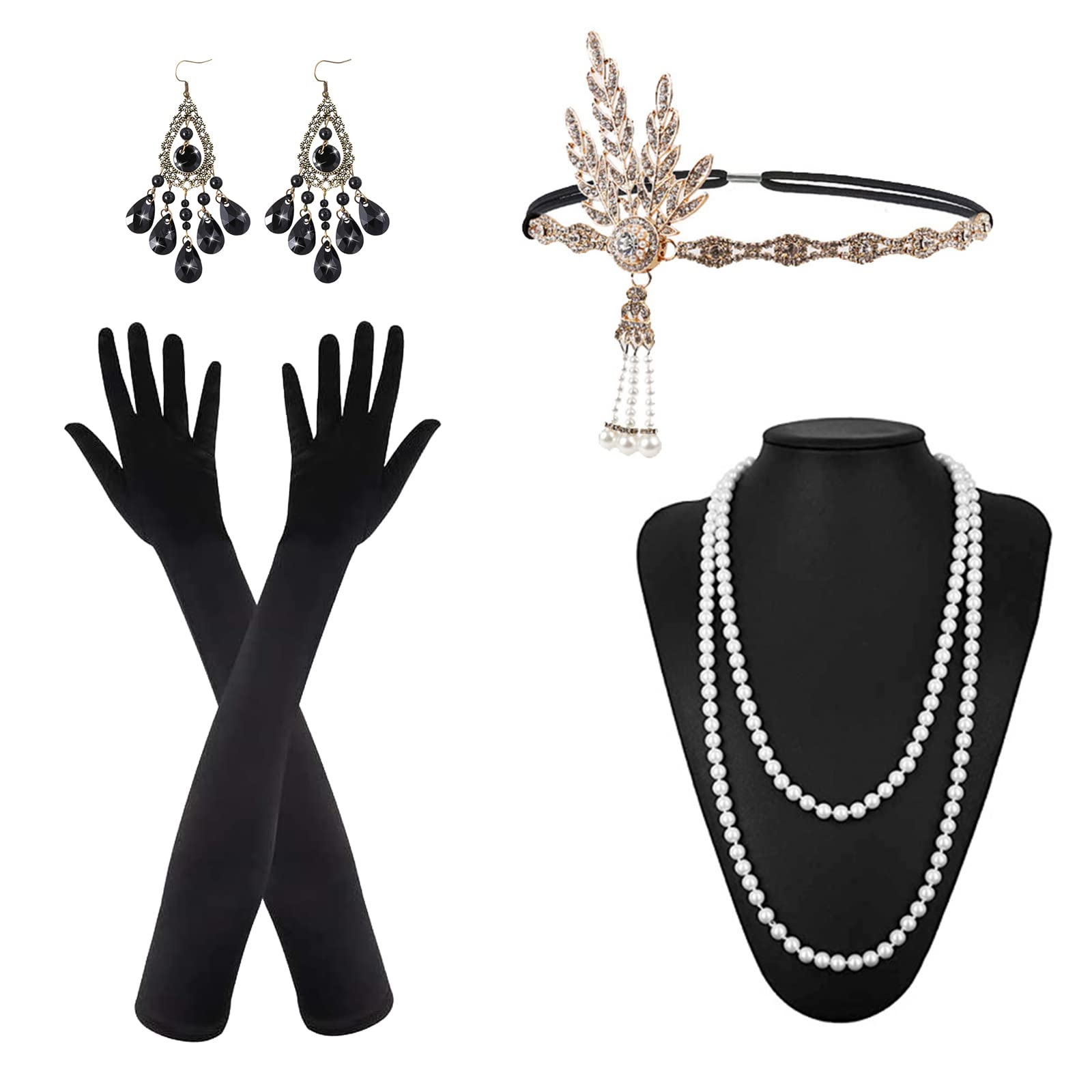 VIKSAUN 5 Pieces 1920 Accessories Set, Great Gatsby Accessories Women, 1920s Fashion Headband, Long Gloves, Pearl Necklace, Earrings, Flapper Headband, Great Gatsby Fancy Dress for Women (5 Pieces)