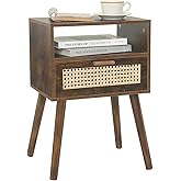 MaxSmeo Mid Century Nightstand, Rattan Side Table with Drawer, Wood Modern Bedside Table for Bedroom, Living Room and Small Spaces (Rustic Brown)