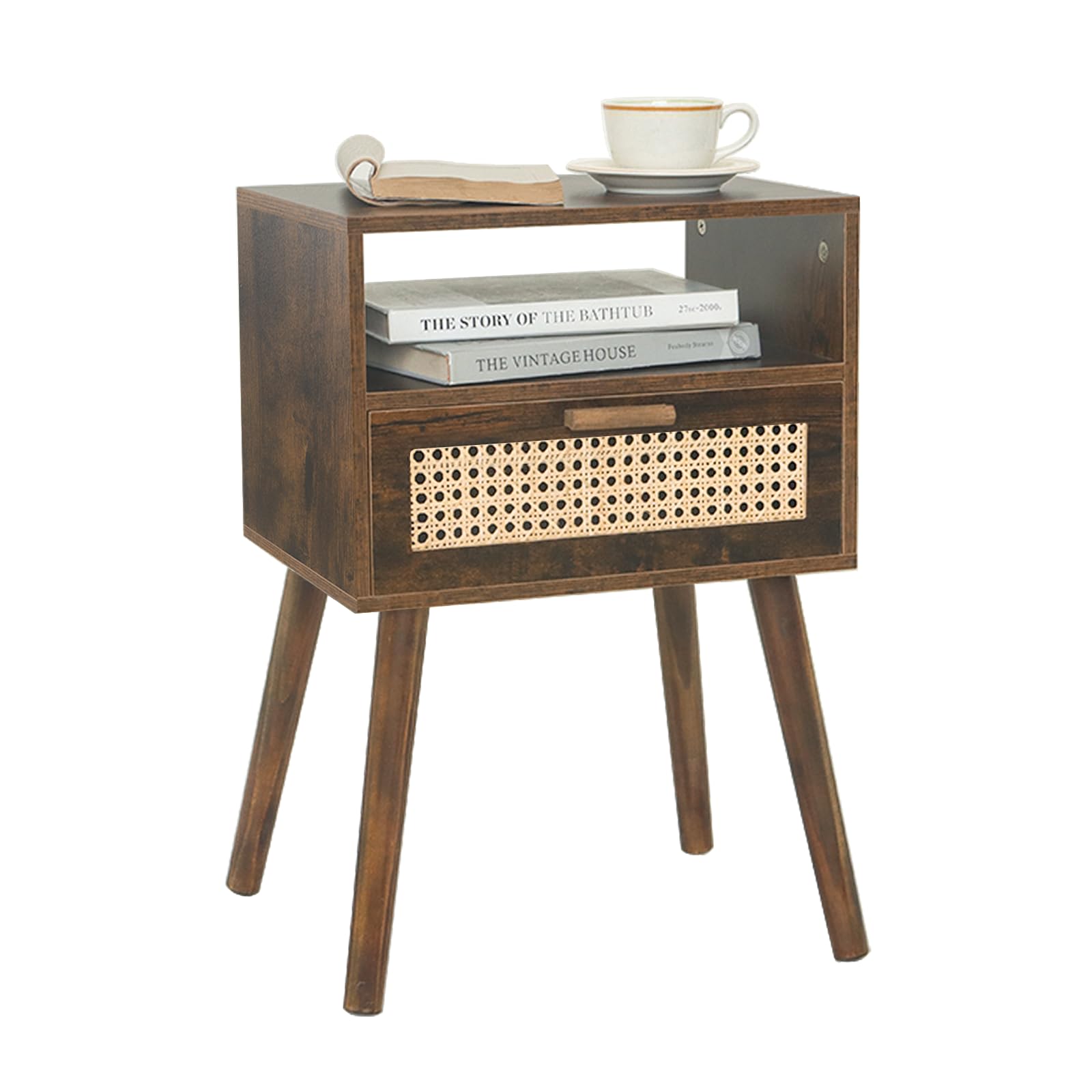 Photo 1 of MaxSmeo Mid Century Nightstand, Rattan Side Table with Drawer, Wood Modern Bedside Table for Bedroom, Living Room and Small Spaces (Rustic Brown)