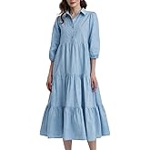 D-Sun Women Long Sleeve Maxi Dress V Neck Button Down Flowy Tiered Ruffle Shirt Dress Casual Fall Long Dresses
