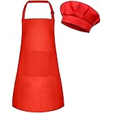 BOUBONI Kids Apron and Chef Hat Set Adjustable Child Art Aprons with 2 Pockets Toddler Chef Hat and Apron for Cooking Baking Painting (Red)