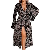 ChiaoLezhee Women's Sexy Leopard Long Robe, Tiered Ruffle Sheer Mesh Kimono Dressing Gown Boudoir Shoot