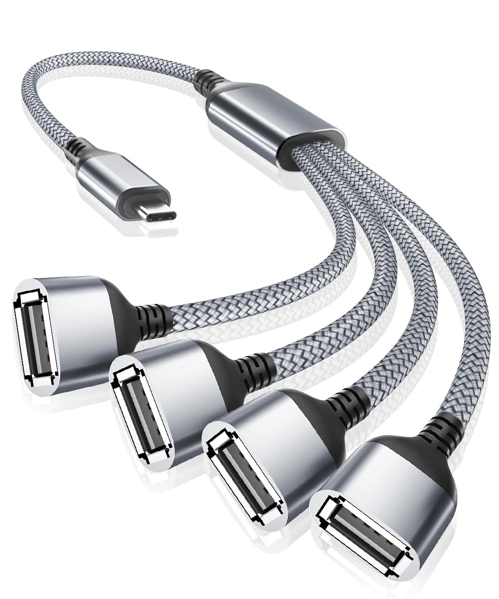 RUXELY USB C OTG Splitter Y Cable 0.3M,Type-C Male to 4 Female USB 2.0 Hub,Multi USB Port Expander,Multiport Split Adapter for Mac Pro,iPhone 16 15,iPad 10 Air Min,Galaxy S21 S22 S23 S24,Tab S8 S9 A9