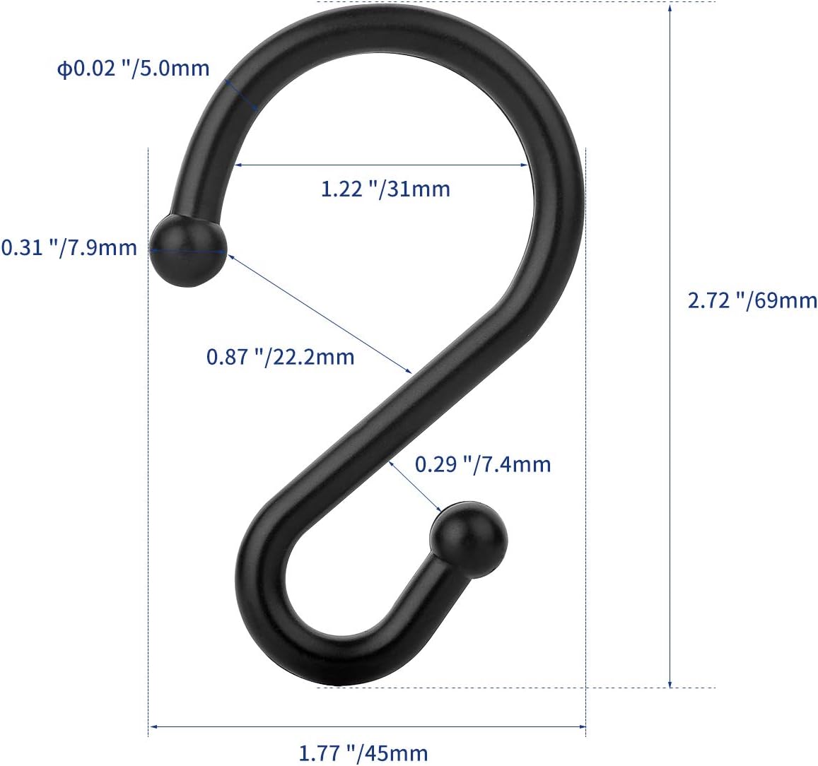 Metal Shower Curtain Hooks，Set of 12 Rings，Rust Resistant S Shaped Hooks Hangers for Shower Curtains, Kitchen Utensils, Clothing, Towels, etc. (Black): Home & Kitchen