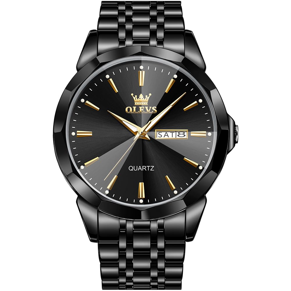 Photo 1 of OLEVS Black Watch for Men Minimalism Business Dress Analog Quartz Stainless Steel Waterproof Luminous Date Two Tone Luxury Casual Man Watch