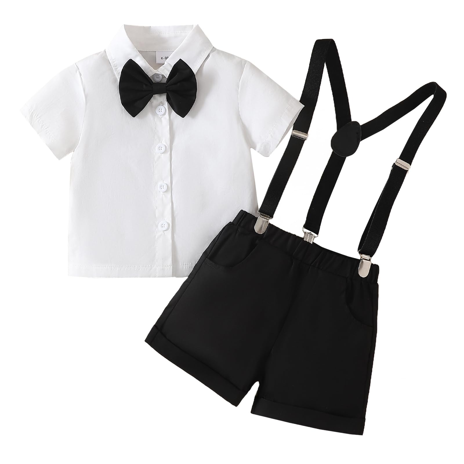 Photo 1 of TENTIDE Baby Boys Formal Suit Set Short Sleeve with Bowtie Suspender Shorts Pants Outfits Clothes(Black,3-6 Months)